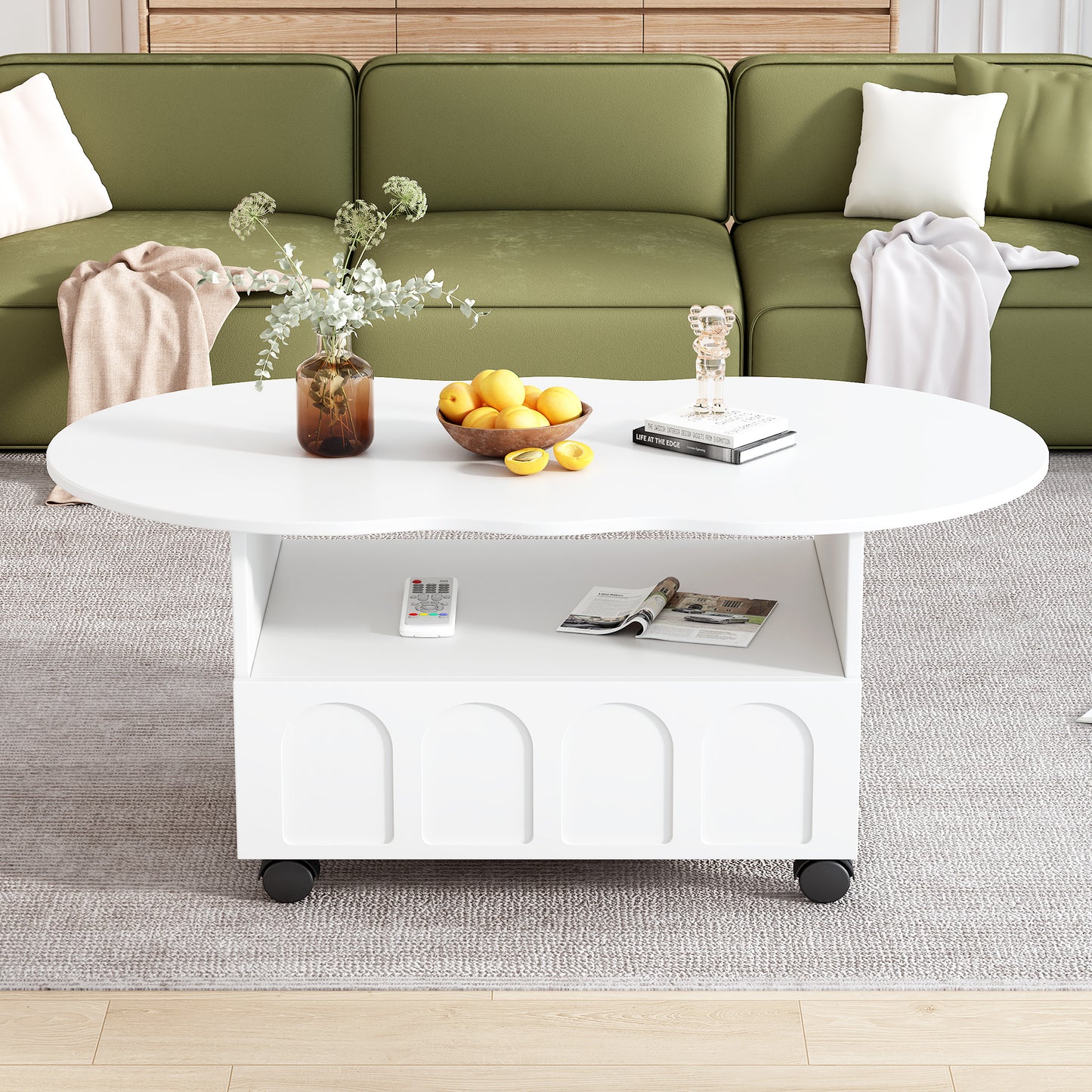 ON-TREND Flexible Cream Style Coffee Table with 2 Brake Wheels, Cloud Top Side Table with Drawer, Irregular Center Table with Large Storage for Living Room, White, 39.37''x 23.6''