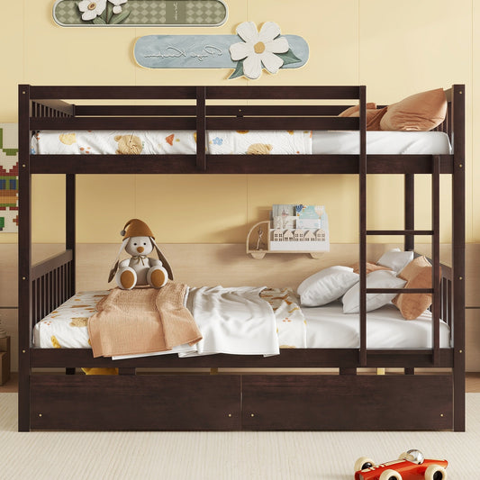 full Over full Rubber Wood Bunk Bed with 2 Drawers, Convertible into 2 full Beds, full Size Bunk Bed with Ladder and Safety Guardrails ,Espresso SolidRoot Buy Furniture USA