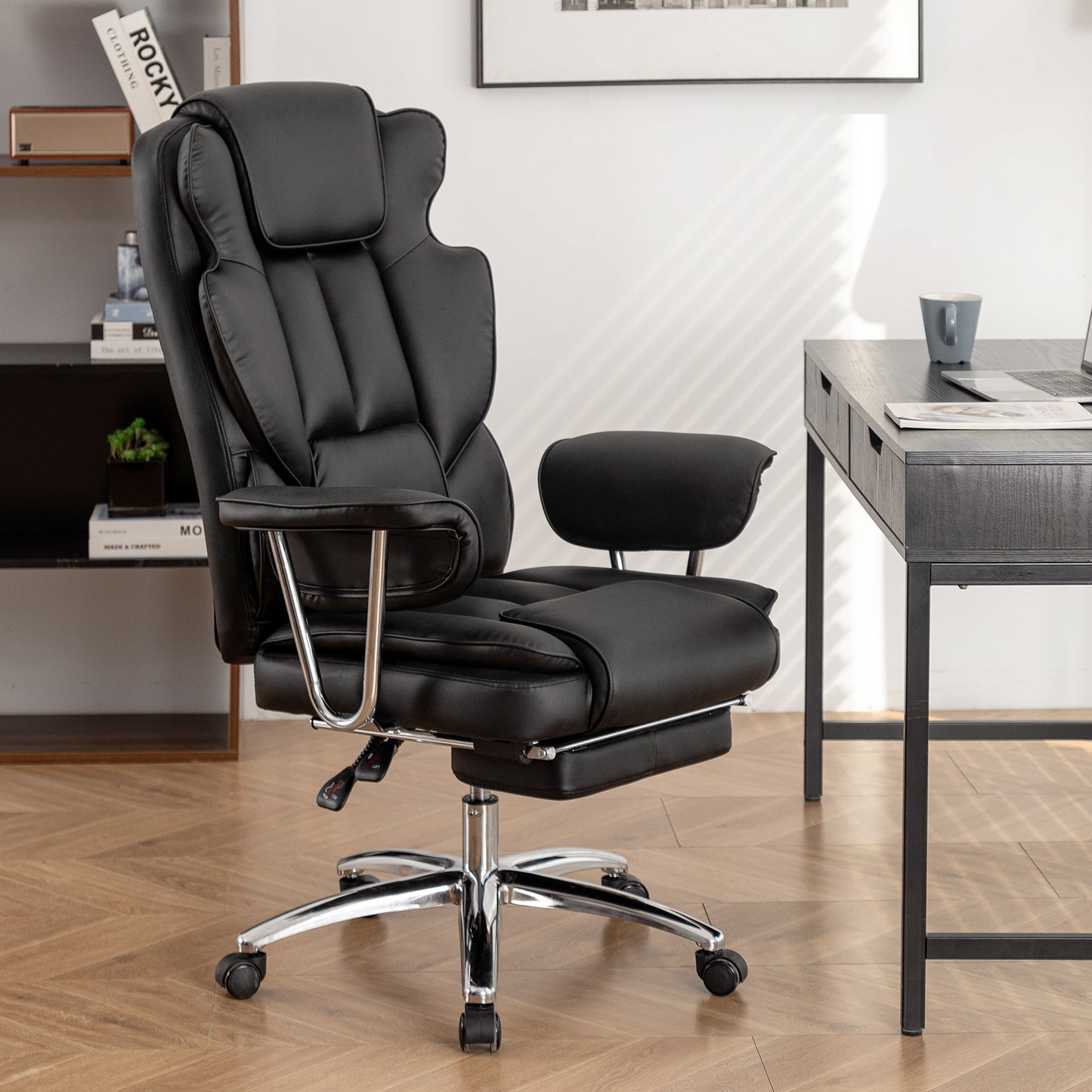 Office Chair, Big and Tall Executive Office Chair with Footrest, Leather Computer Chair, Ergonomic Reclining Chair High Back, Large Home Office Chair (Black)