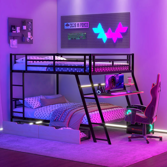 Full Size Metal Bunk Bed with Built-in Desk, Light and 2 Drawers, Black - SolidRoot Buy Furniture USA
