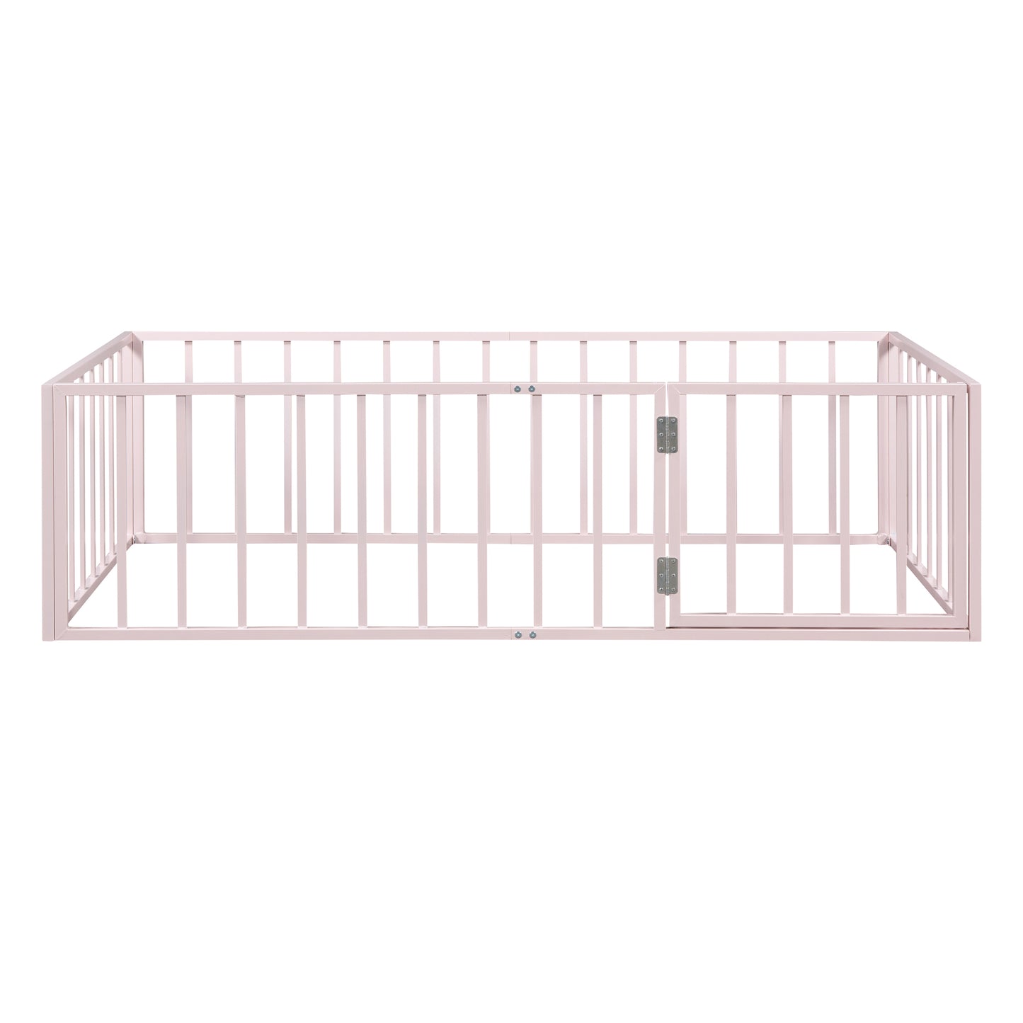 Twin Size Metal Floor Bed Frame with Fence and Door, Pink