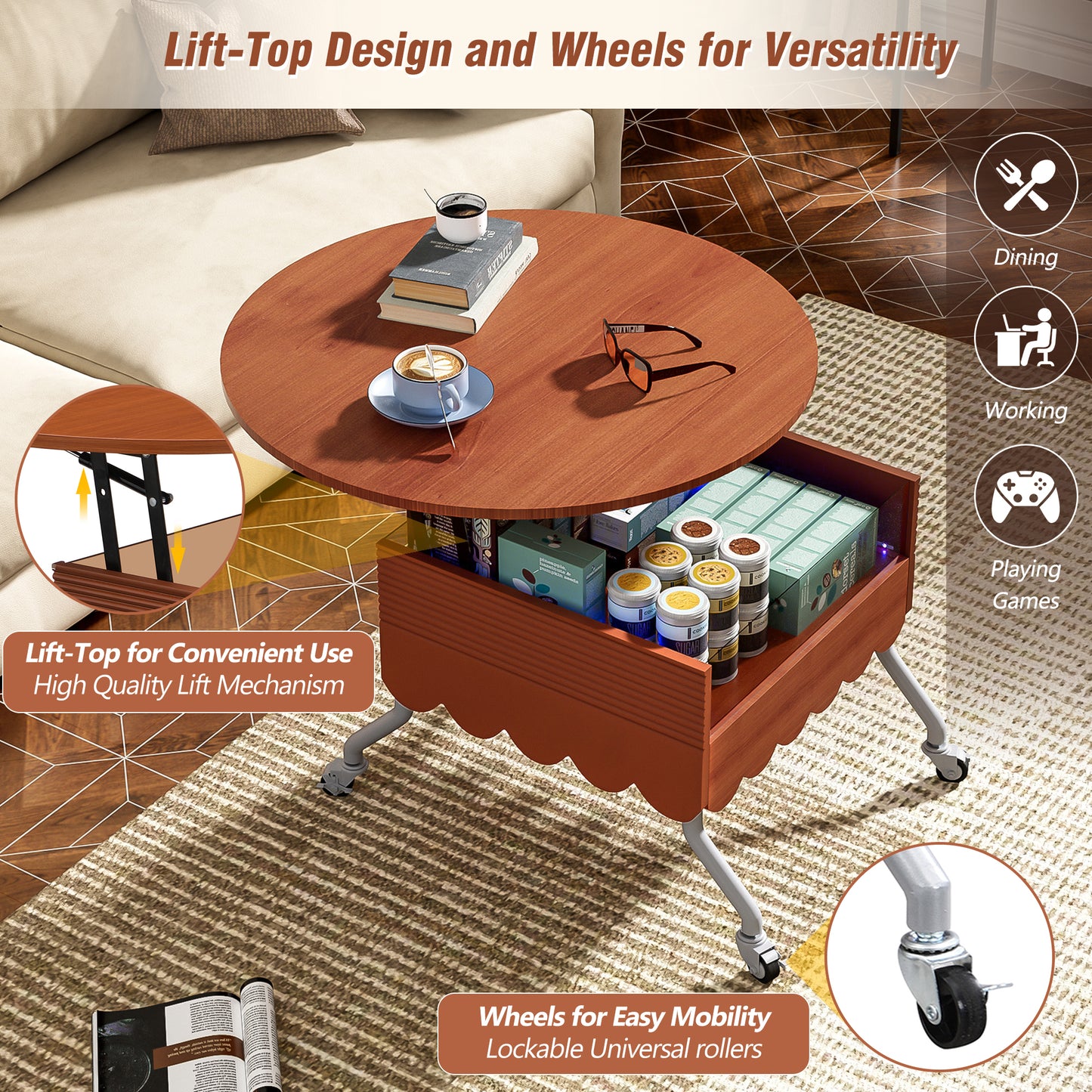 Round Lift-Top Coffee Table with Wheels, Metal Frame and Multi-Color Lighting in 27.6"