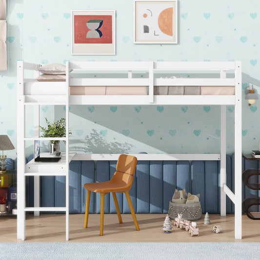 Twin High Loft Bed, Rubber Wood  Loft Bed with Safety Guardrail, built-in desk, ladder,White SolidRoot Buy Furniture USA