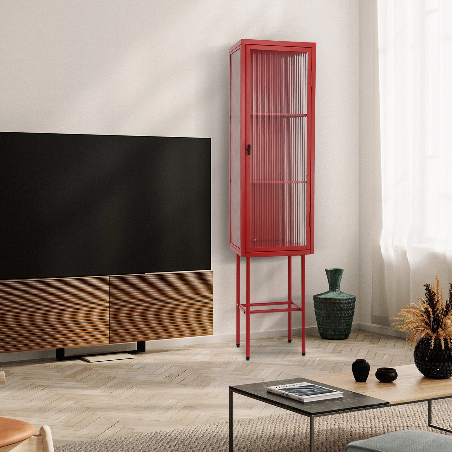 Retro Style Freestanding Metal Tall Display Cupboard with Glass Door and Three Detachable Shelves for Office, Living Room, Kitchen Console Sideboard,Bedside Entryway RED (OLD SKU:W68751719)