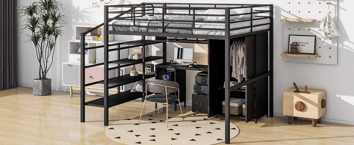 Metal Loft Bed With table set and wardrobe, Full, Black