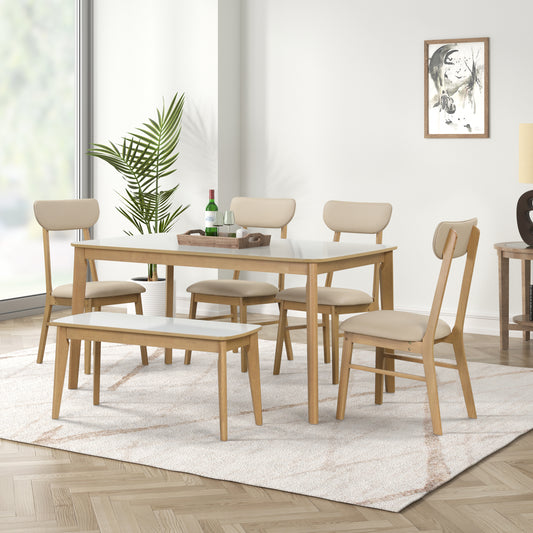6-piece Dining Table Set, One Table One Bench and Four Chairs, High Gloss White Tabletop With Light Oak Color SolidRoot Buy Furniture USA