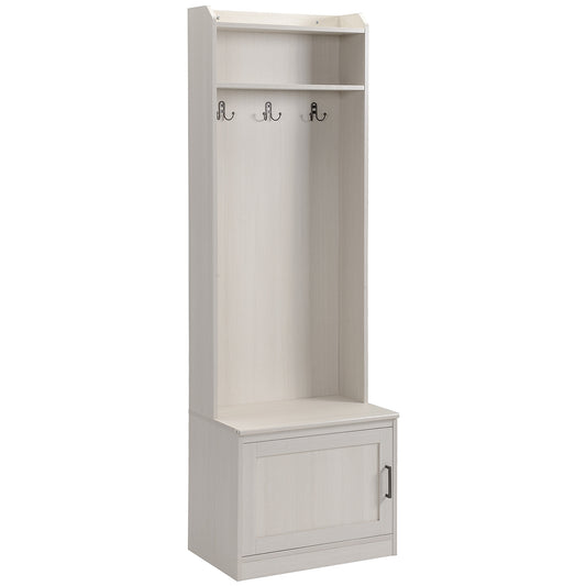 HOMCOM Rustic Hall Tree with Shoe Storage Bench, Entryway Bench with Coat Rack, Accent Coat Tree with Storage Shelves for Hallway, Mudroom, White Wood Grain