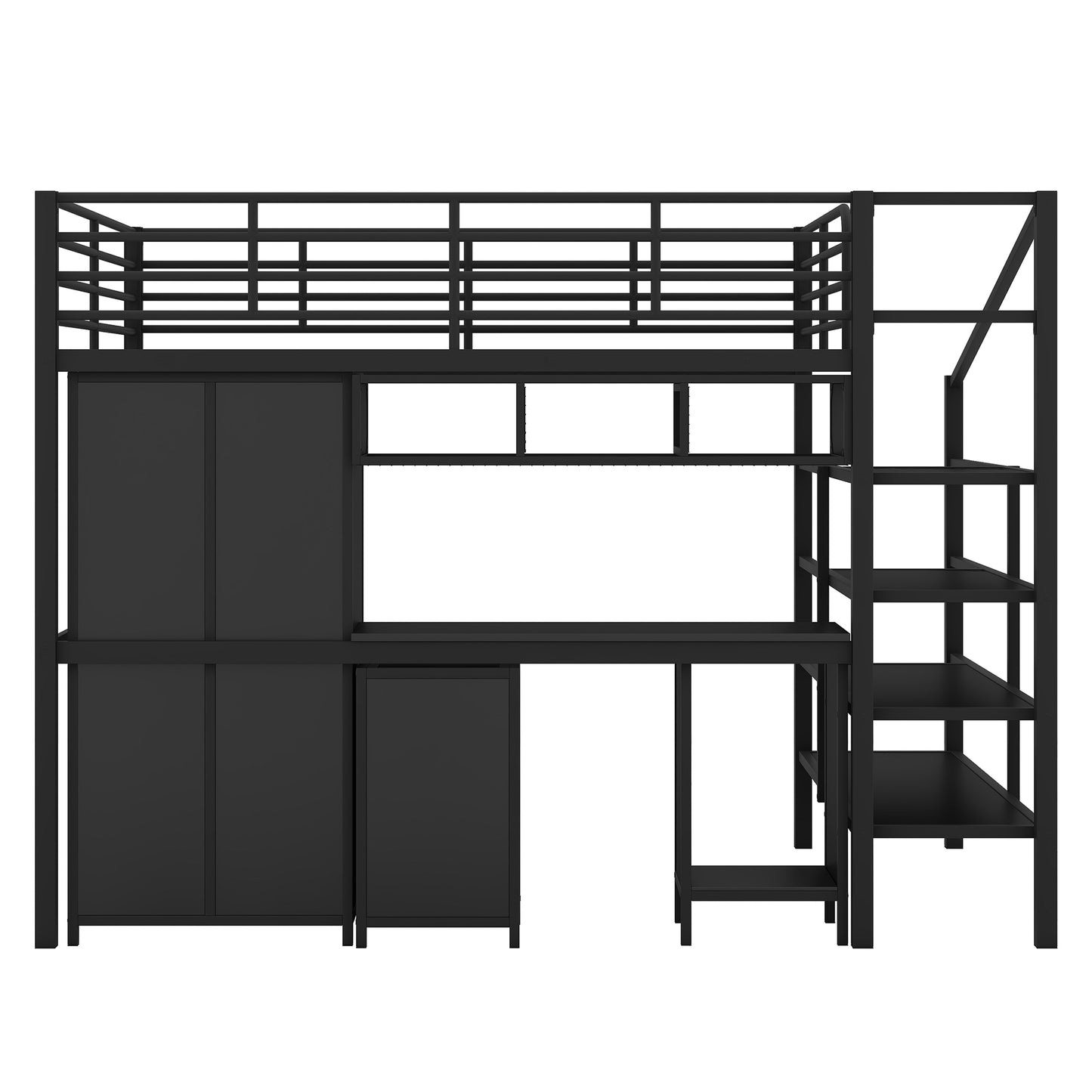 Metal Loft Bed With table set and wardrobe, Full, Black