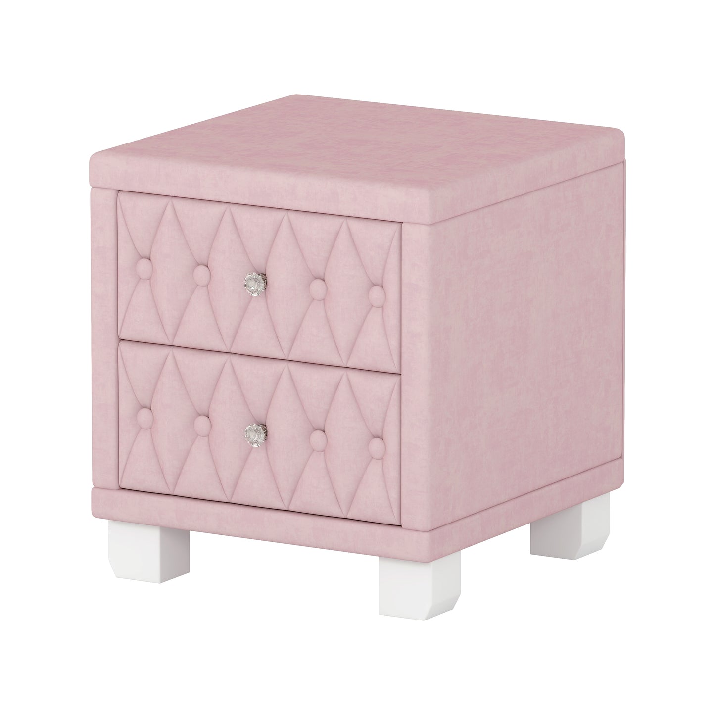 Elegant Velvet Nightstand with 2 Drawers and Crystal Handle, Storage Bedside Table with Button-Tufted, Pink