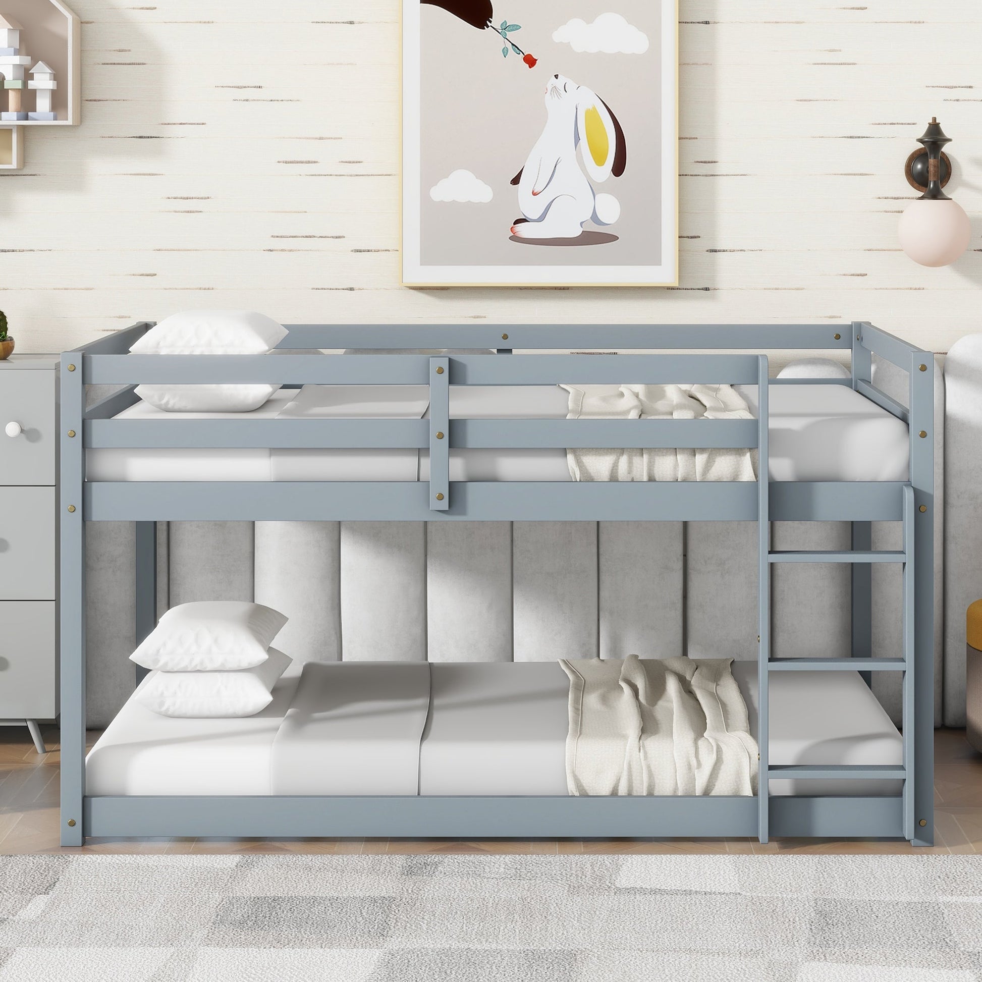 Solid Wooden , Solid Rubber Wooden Twin over Twin Loft Bed with Ladder ,Upper and Bottom Bed Platforms crafted with Strengthened Slats ,Grey SolidRoot Buy Furniture USA
