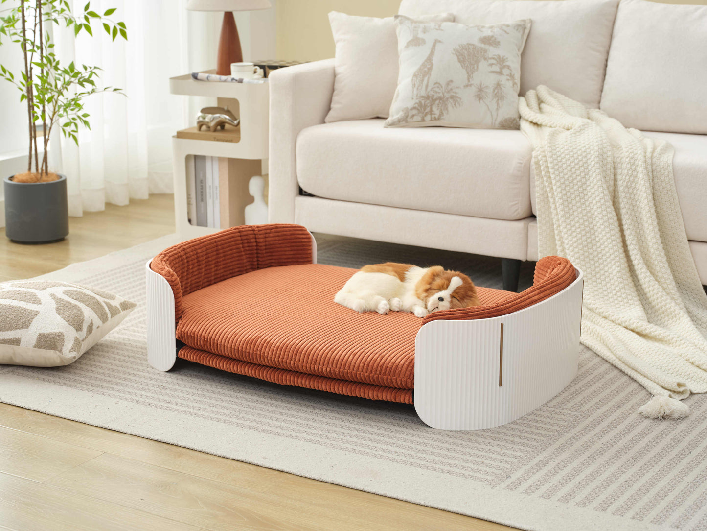 Scandinavian style Cat Couch Bed, Pet Sofa for Indoor Cats PP Indoor Pet Furniture Elevated Cat Beds with Removable Mattress Cover Suitable for Mid or Large  Animal Brand Design White+Brown SolidRoot Buy Furniture USA