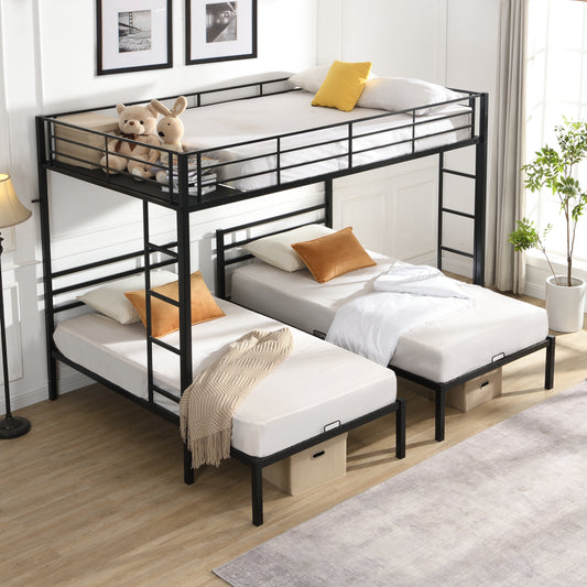 Full Over Twin Over Twin Bunk Bed ,Triple Bunk Bed With a vertical ladder, Metal Frame Bunk Bed with Safety Rail, Full Over Twin Over Twin Triple Bunk SolidRoot Buy Furniture USA