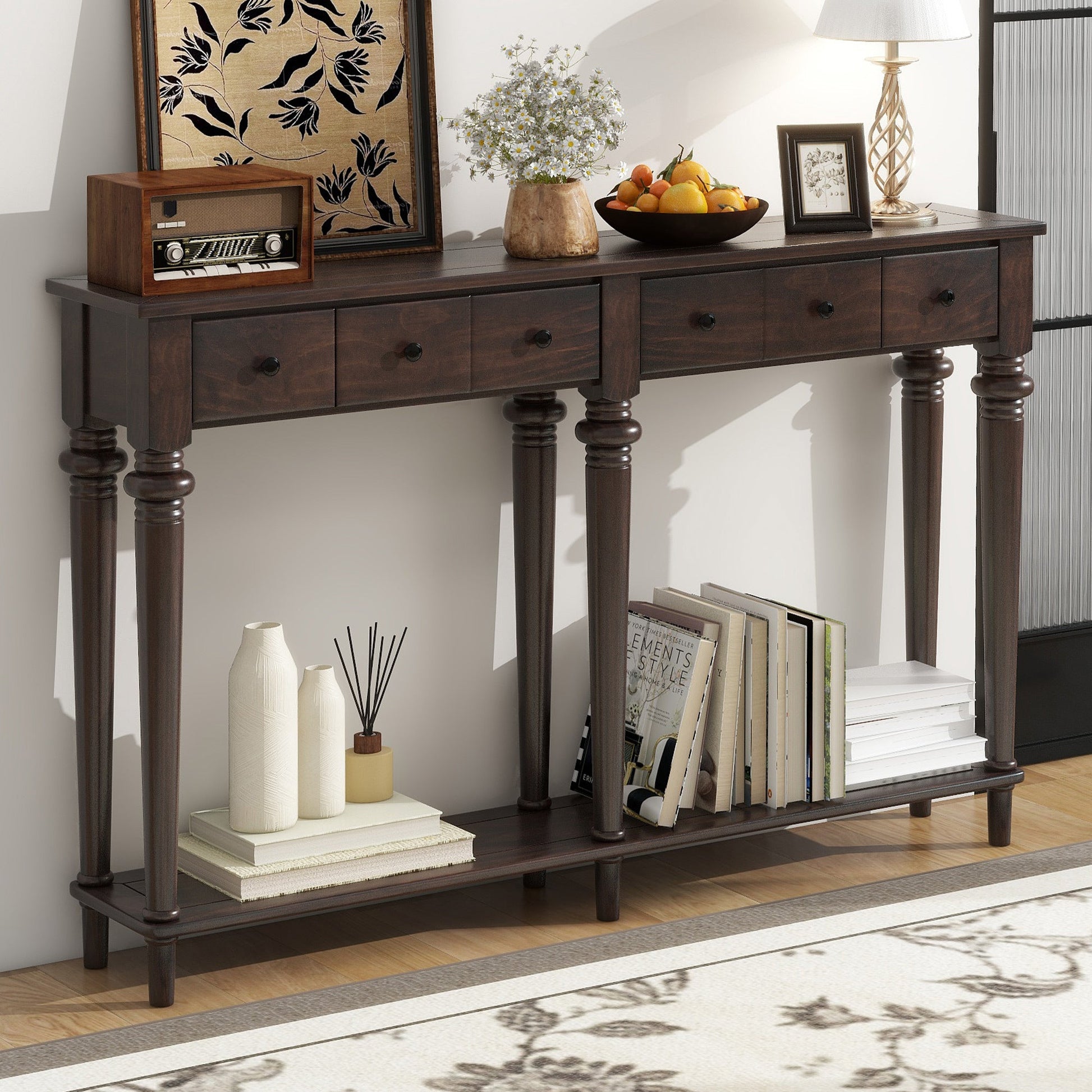 TREXM Entryway Table with 4 Drawers, Retro Console Table with Open Shelf for Entryways, Living Rooms, and Hallways (Espresso) SolidRoot Buy Furniture USA