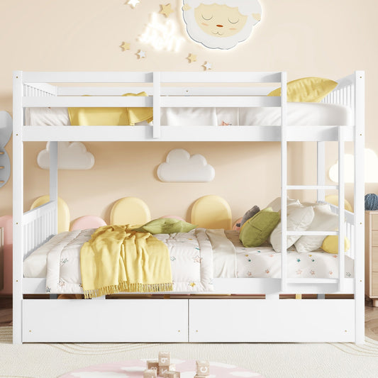 full Over full Rubber Wood Bunk Bed with 2 Drawers, Convertible into 2 full Beds, full Size Bunk Bed with Ladder and Safety Guardrails ,White SolidRoot Buy Furniture USA