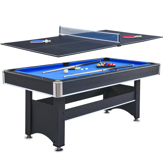 6-ft Pool Table with Table Tennis Top - Black with Blue Felt Livingsource