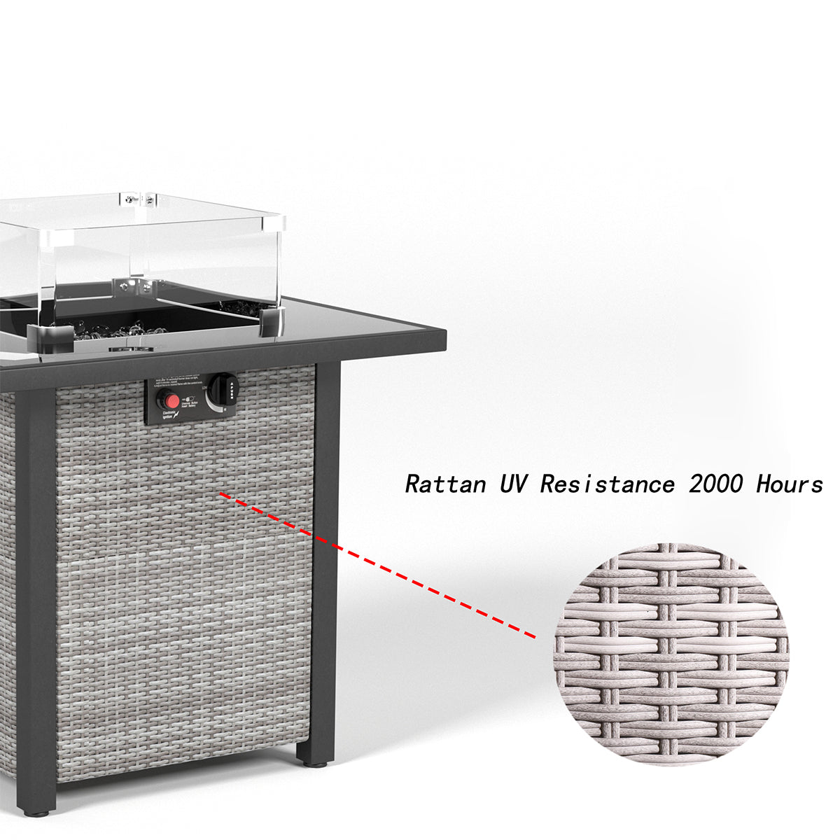 28 Inch Propane Fire Pit Table, Rattan & Wicker-Look, 50000 BTU Gas Firepits Tempered Glass Tabletop with Glass Windscreen Protector for Outside Patio and Garden(Grey+White)