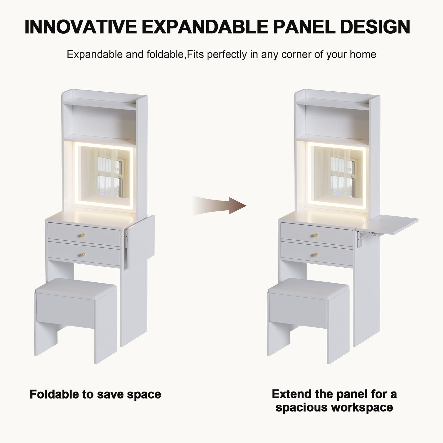 Small Space Vanity Table Set with 3 Adjustable Lighted Mirror and Storage Chair, Makeup Vanity Table for Small Space, White Dressing Table with Fold-up Panel for Bedroom