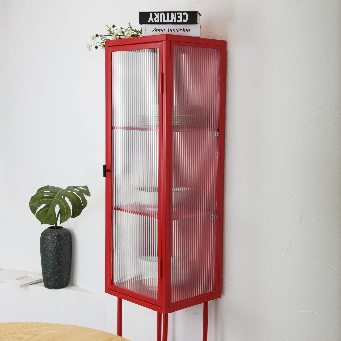 Retro Style Freestanding Metal Tall Display Cupboard with Glass Door and Three Detachable Shelves for Office, Living Room, Kitchen Console Sideboard,Bedside Entryway RED (OLD SKU:W68751719)