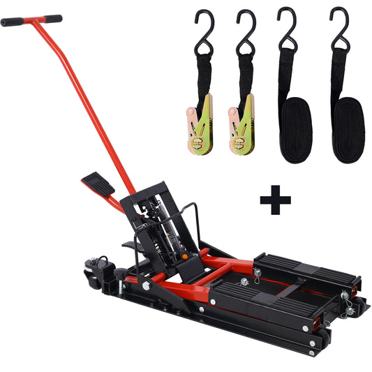 Hydraulic Motorcycle Lift Jack, 1500 LBS Capacity ATV Scissor Lift Jack, Portable Motorcycle Lift Table with 4 Wheels, Hydraulic Foot-Operated Hoist Stand for Motorcycle ATV UTV with tie down