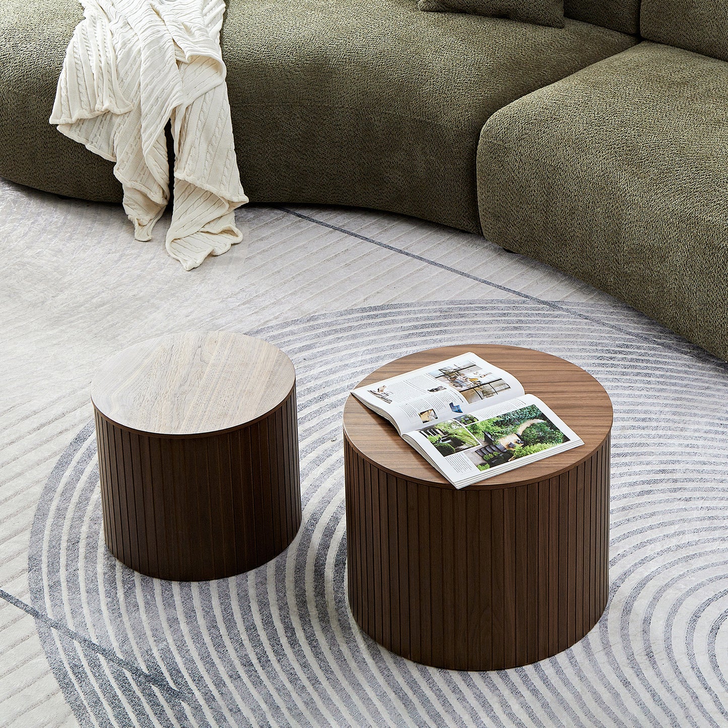 MDF nested table set 2 pieces, handcrafted round coffee table in living/lounge area, walnut color