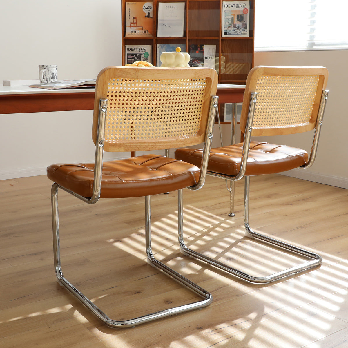 Dining Chairs Set of 2, Fauex Leather Rattan Side Accent Chairs with Chrome Legs, Modern Mid Century Breuer Designed Chairs, Upholstered Dining Living Room Kitchen Chairs (Brown-2pcs)