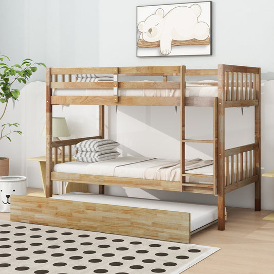 Twin Over Twin Rubber Wood Bunk Bed with Trundle, Convertible into 2 Twin Size Beds, Twin Size Bunk Bed with Ladder and Safety Guardrails,Natural SolidRoot Buy Furniture USA