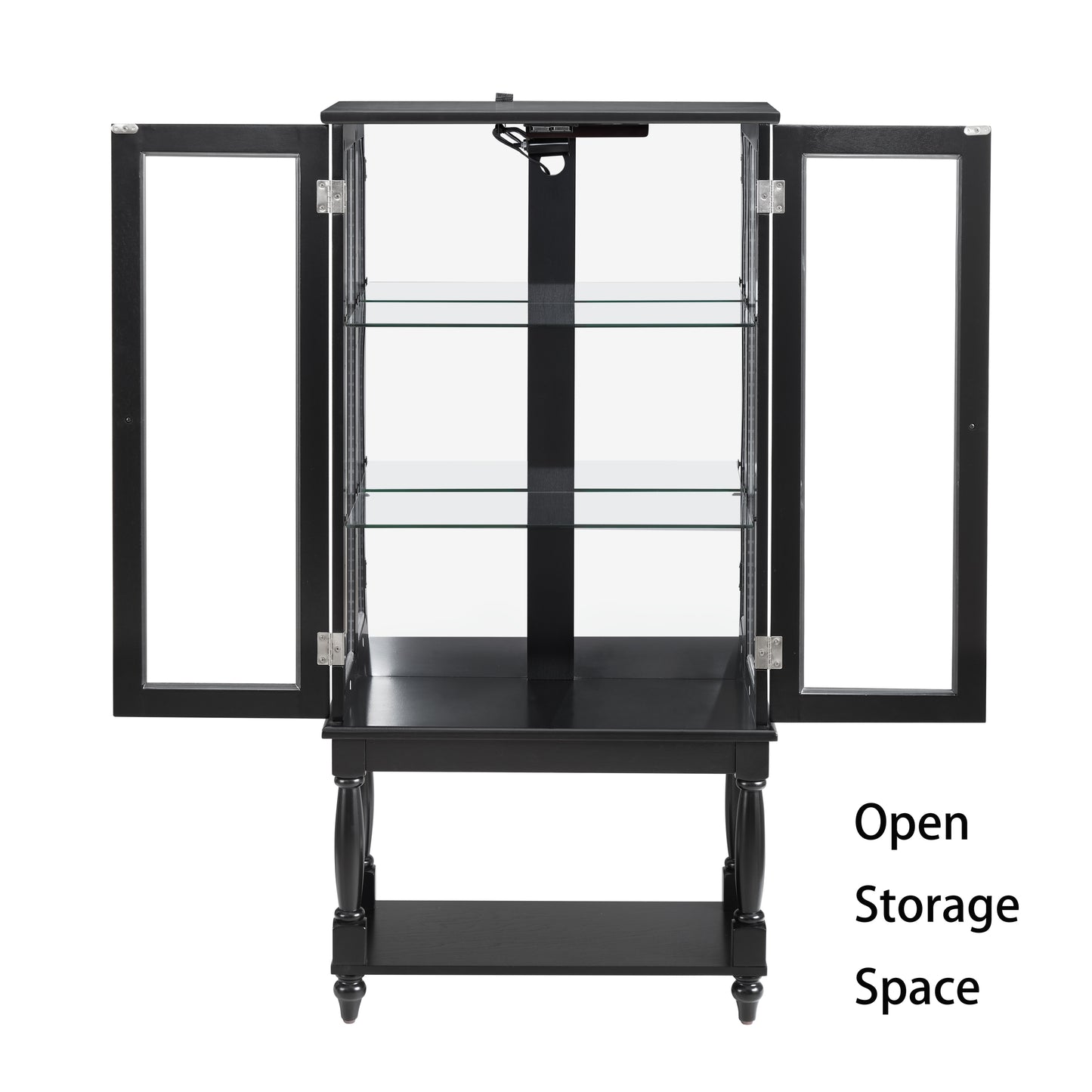 Curio Cabinet Lighted Curio Display Cabinet with Open Storage Space,Solid Wood Legs and adjustable Shelves, Acrylic Mirrored Back Panel, Tempered Glass Doors,3 Tier and one open space(E26 light bulb n