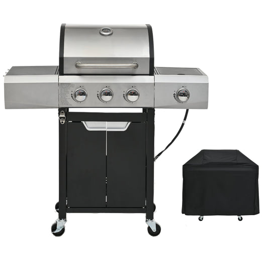 Propane Grill 3 Burner Barbecue Grill Stainless Steel Gas Grill with Side Burner and Cover for Outdoor BBQ, Camping SolidRoot Buy Furniture USA