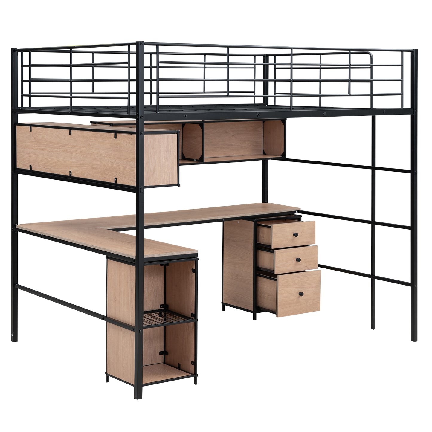 Metal Loft Bed with bookcase, desk and cabinet, Full, Black