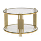 Modern Glass Coffee Table in 31.5", Asymmetrical Metal, Circular Metal Drum Base, Gold Finish & Lower Shelf Livingsource