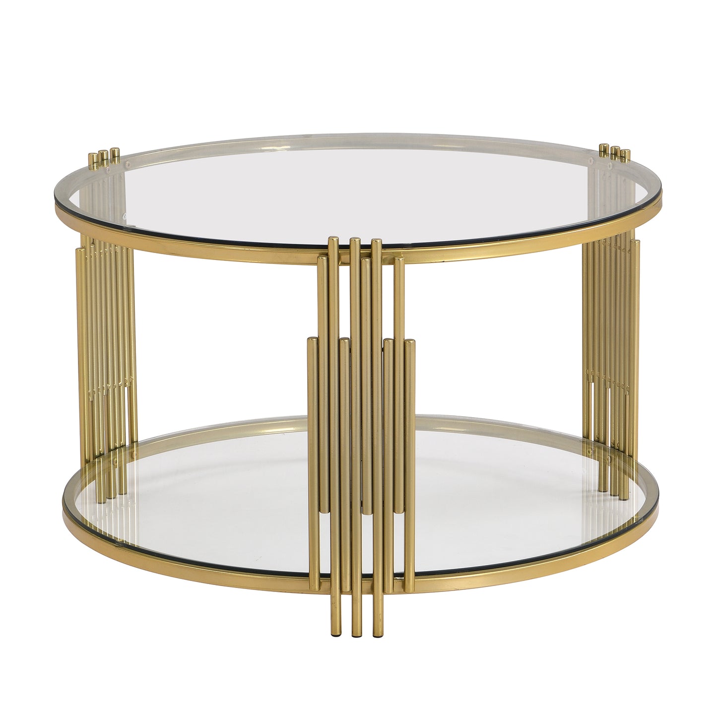 Modern Glass Coffee Table in 31.5", Asymmetrical Metal, Circular Metal Drum Base, Gold Finish & Lower Shelf