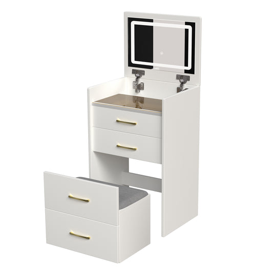 Compact 3 in 1 Vanity Desk with Open Top Mirror, Glass Desktop, White MDF, 50.39' Height SolidRoot Buy Furniture USA