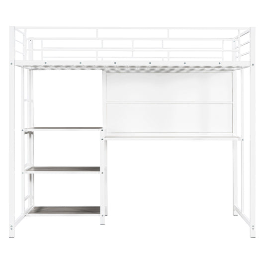 Twin Size Loft Bed with Desk and Whiteboard, Metal Loft Bed with 3 Shelves and Ladder, White - SolidRoot Buy Furniture USA