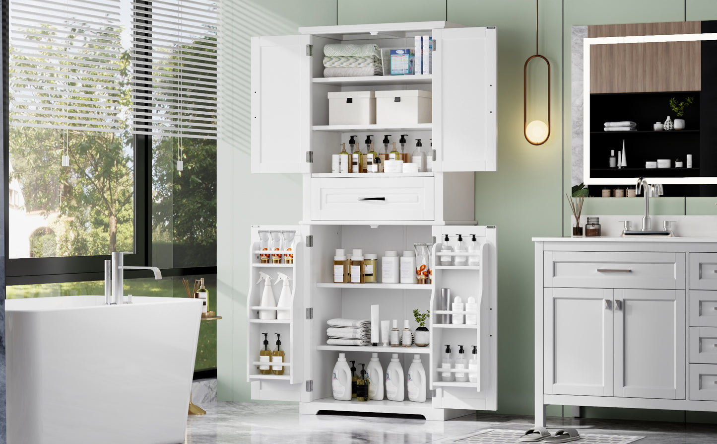 Bathroom Storage Cabinet with Multi-Functional Storage Space, Drawer with Slide Rails, Adjustable Shelf, White