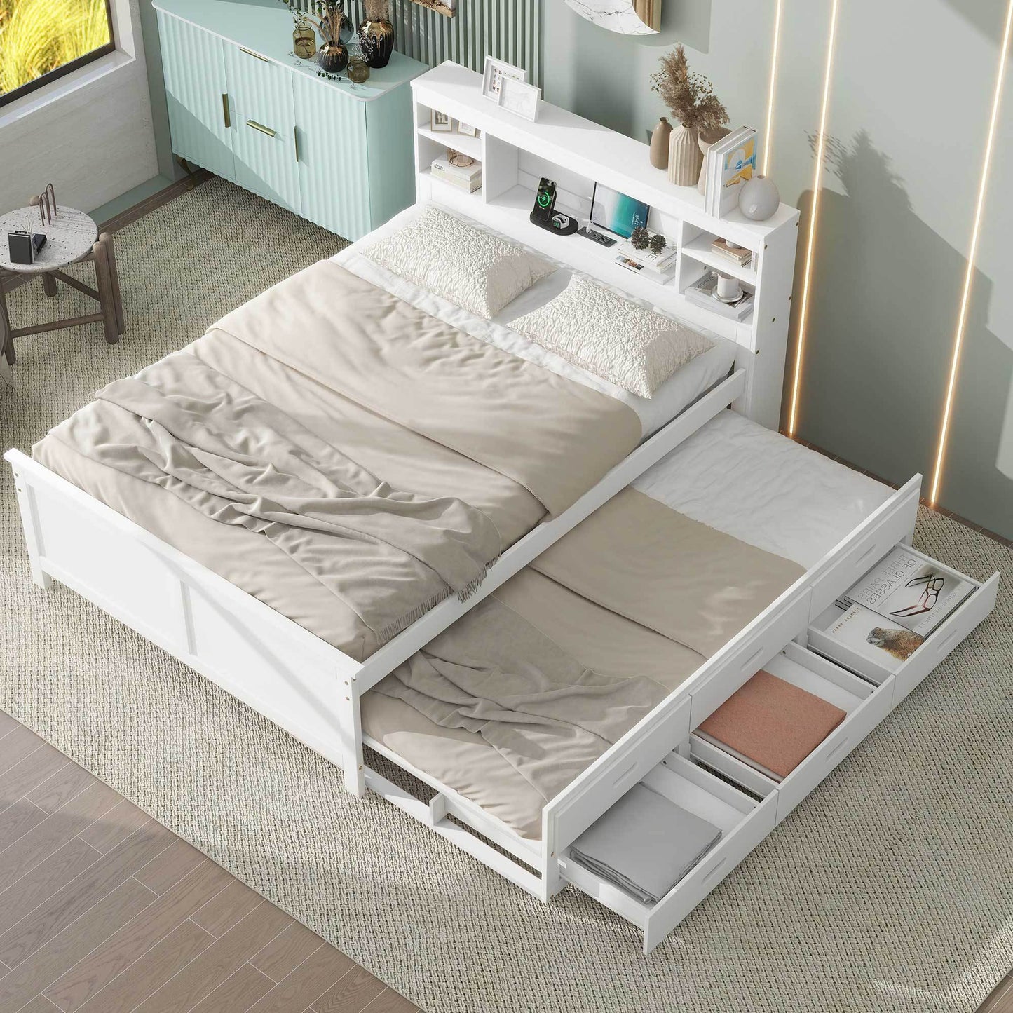 Full Size Platform Bed with Storage Headboard, USB, Twin Size Trundle and 3 Drawers, White