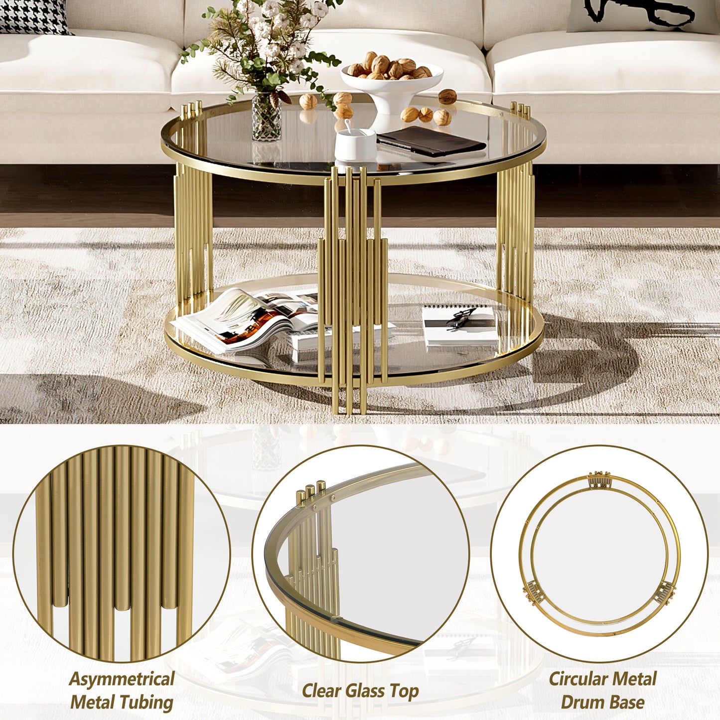 Modern Glass Coffee Table in 31.5", Asymmetrical Metal, Circular Metal Drum Base, Gold Finish & Lower Shelf