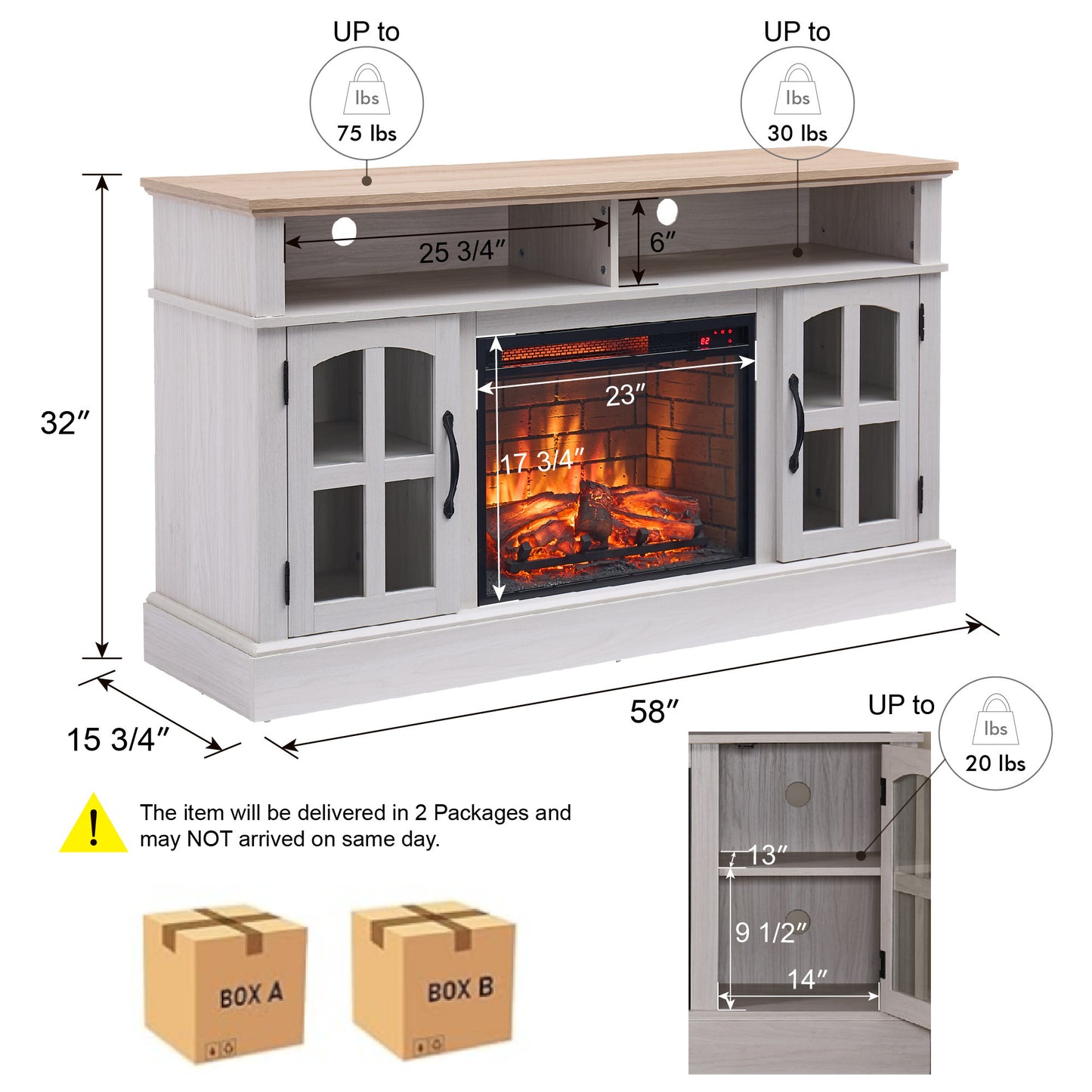 58" Fireplace TV Stand, Entertainment Center with 23" Electric Fireplace, TV Table for TVs up to 70 Inch, Media Console Cabinet with Storage and Glass Doors for Living Room