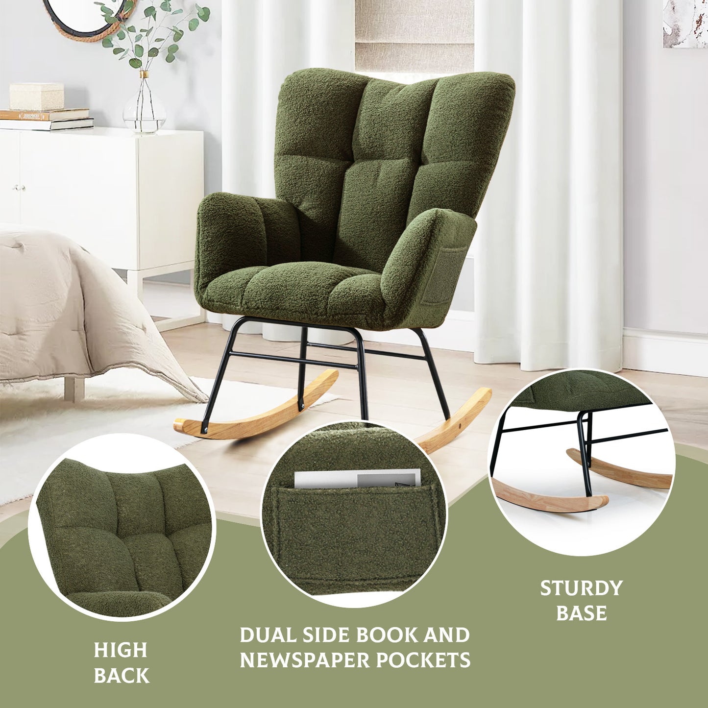 Teddy Fabric Rocking Chair, Modern Rocking Accent Chair for Nursery, Living Room, Bedroom, Deep Green