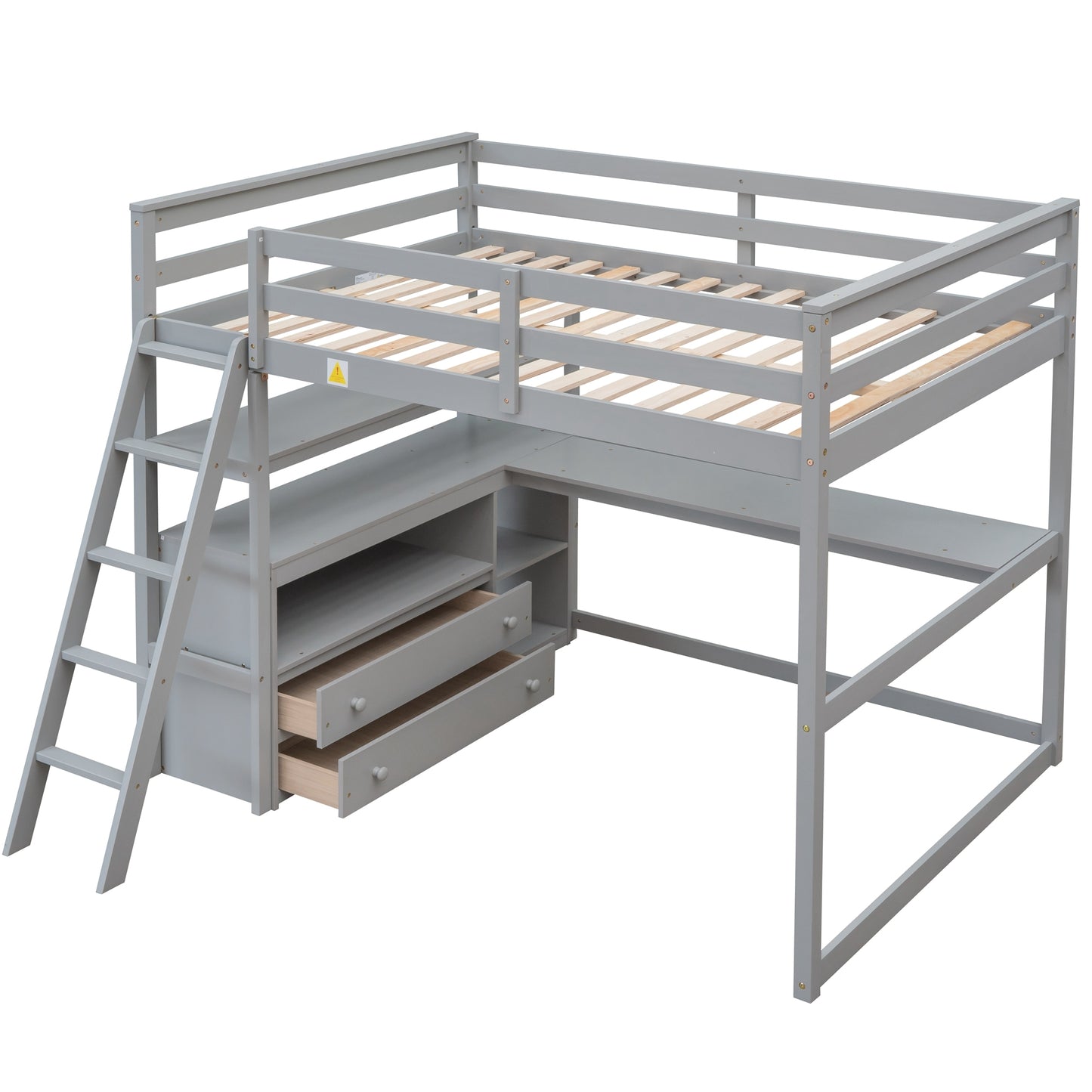 Full Size Loft Bed with Desk and Shelves,Two Built-in Drawers,Gray