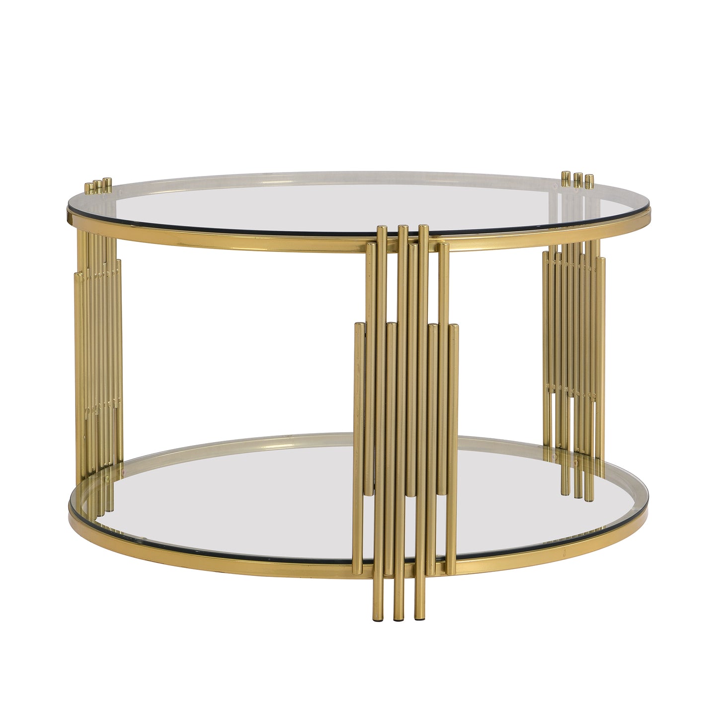 Modern Glass Coffee Table in 31.5", Asymmetrical Metal, Circular Metal Drum Base, Gold Finish & Lower Shelf