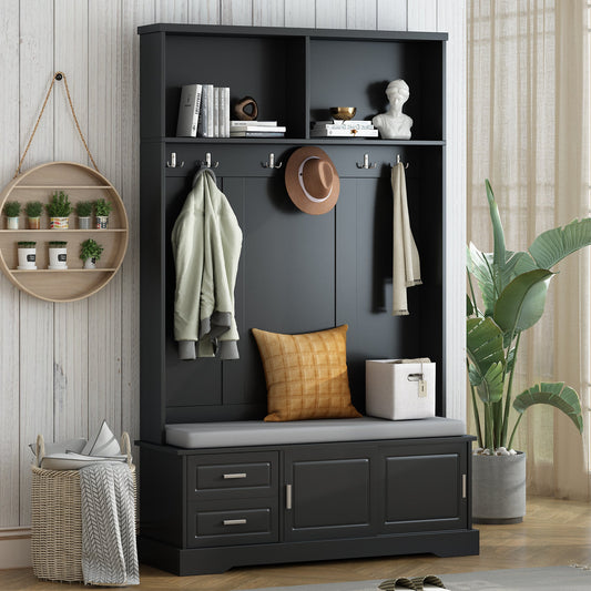 ON-TREND Elegant Hall Tree with Sliding Doors, Versatile Coat Rack with 6 Silvery Hooks & Handles, Mudroom Bench Cabinet with Shoe Storage & 44.4'W Cushion for Hallway, Living Room, Black, 47.2*78.7 SolidRoot Buy Furniture USA