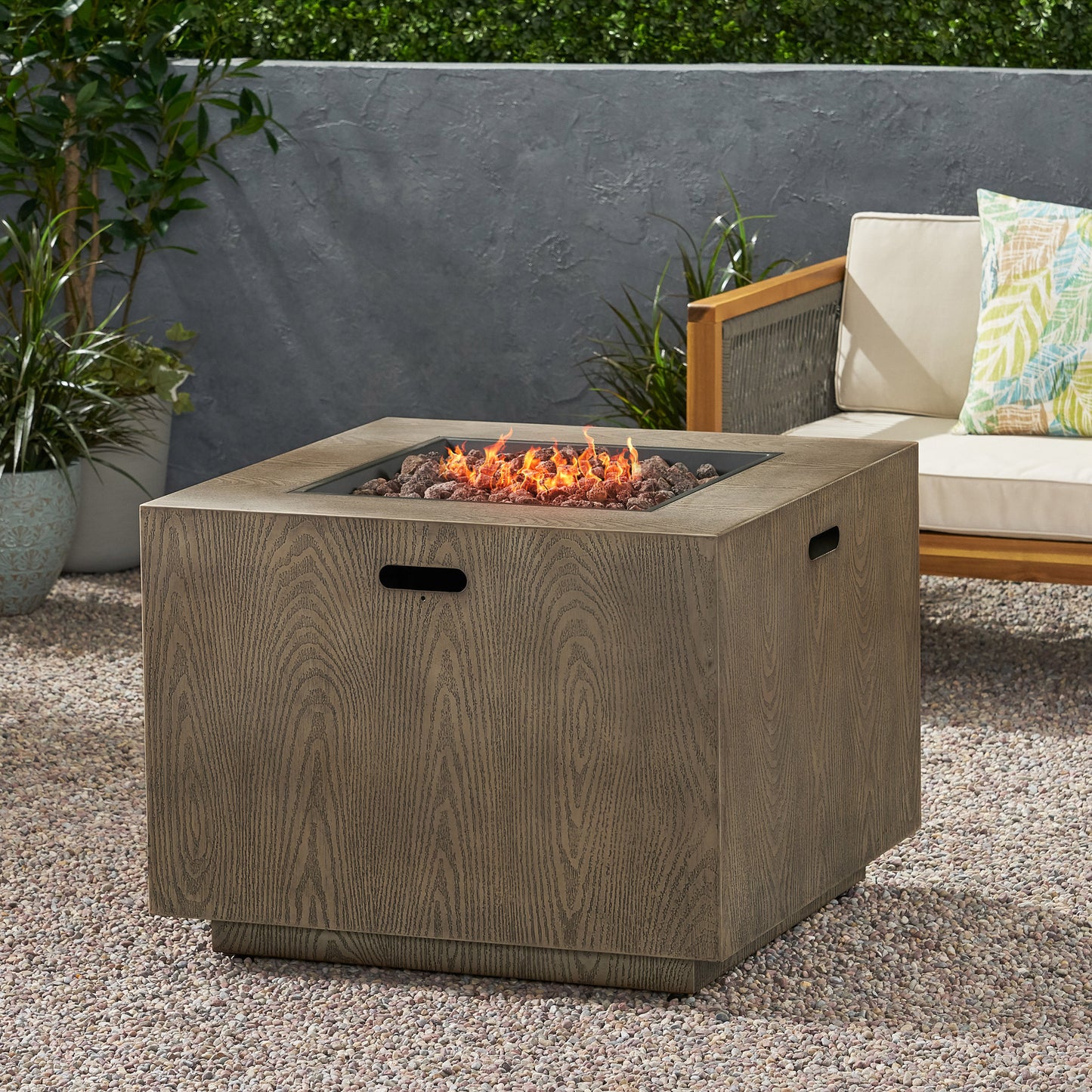 Outdoor Patio Gas Burning Fire Pit - 50, 000 BTU Tank Inside, Square, Iron Wood Pattern, Brown