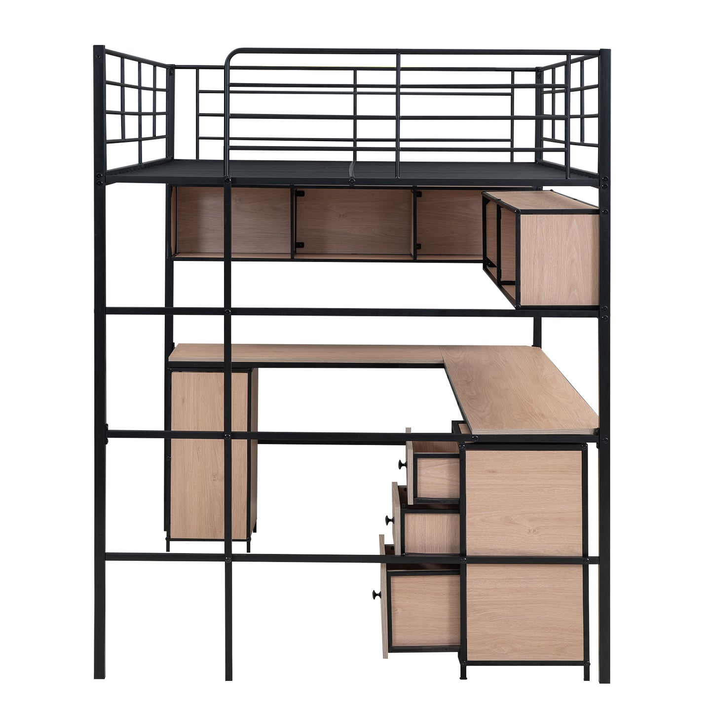 Metal Loft Bed with bookcase, desk and cabinet, Full, Black