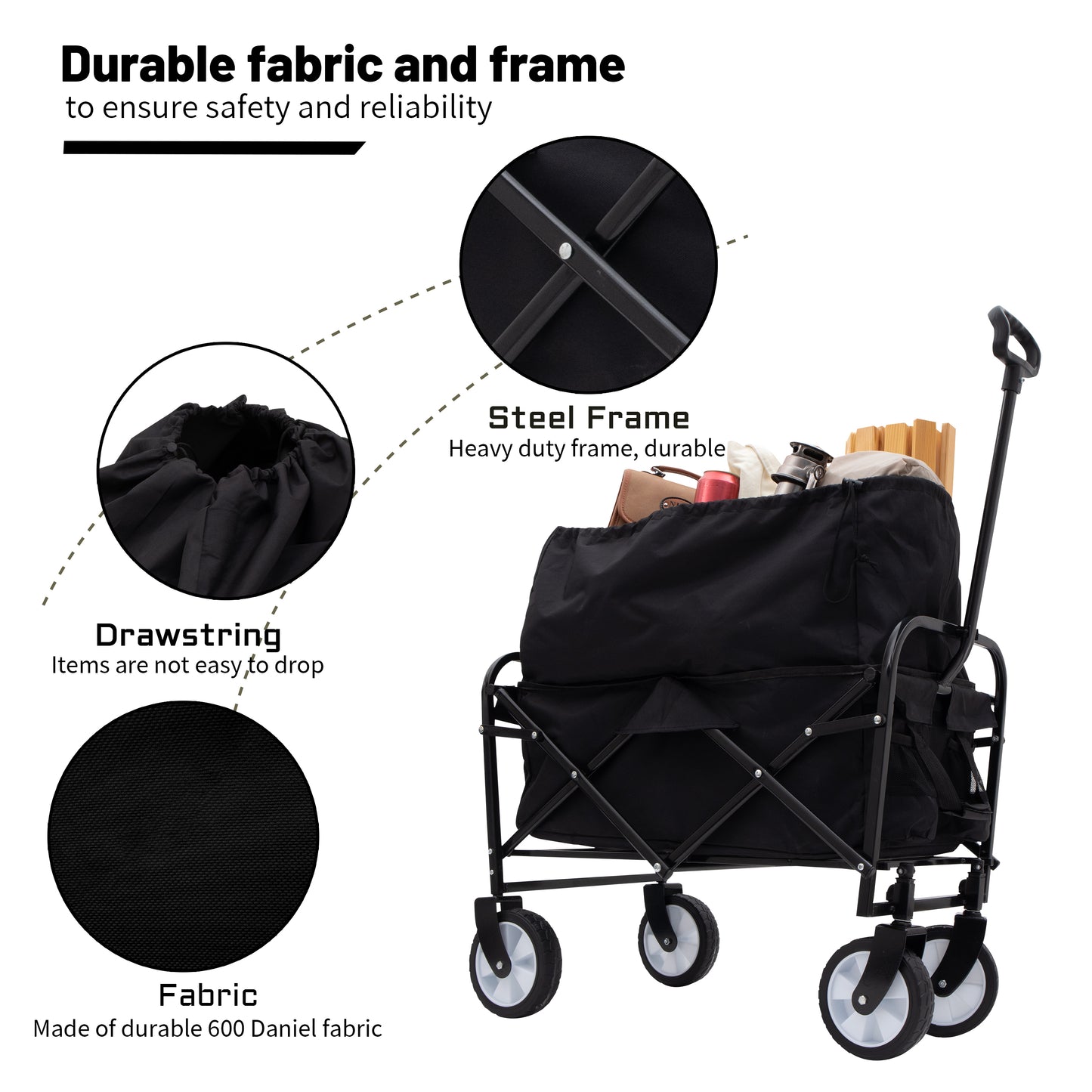 Minimeetall Multi-use Bag Collapsible Foldable Wagon Cart Beach Wagon Heavy Duty Utility Cart Utility Wagon Grocery Cart for for Camping ,3pcs  plastic Liner bag /Cover ,black