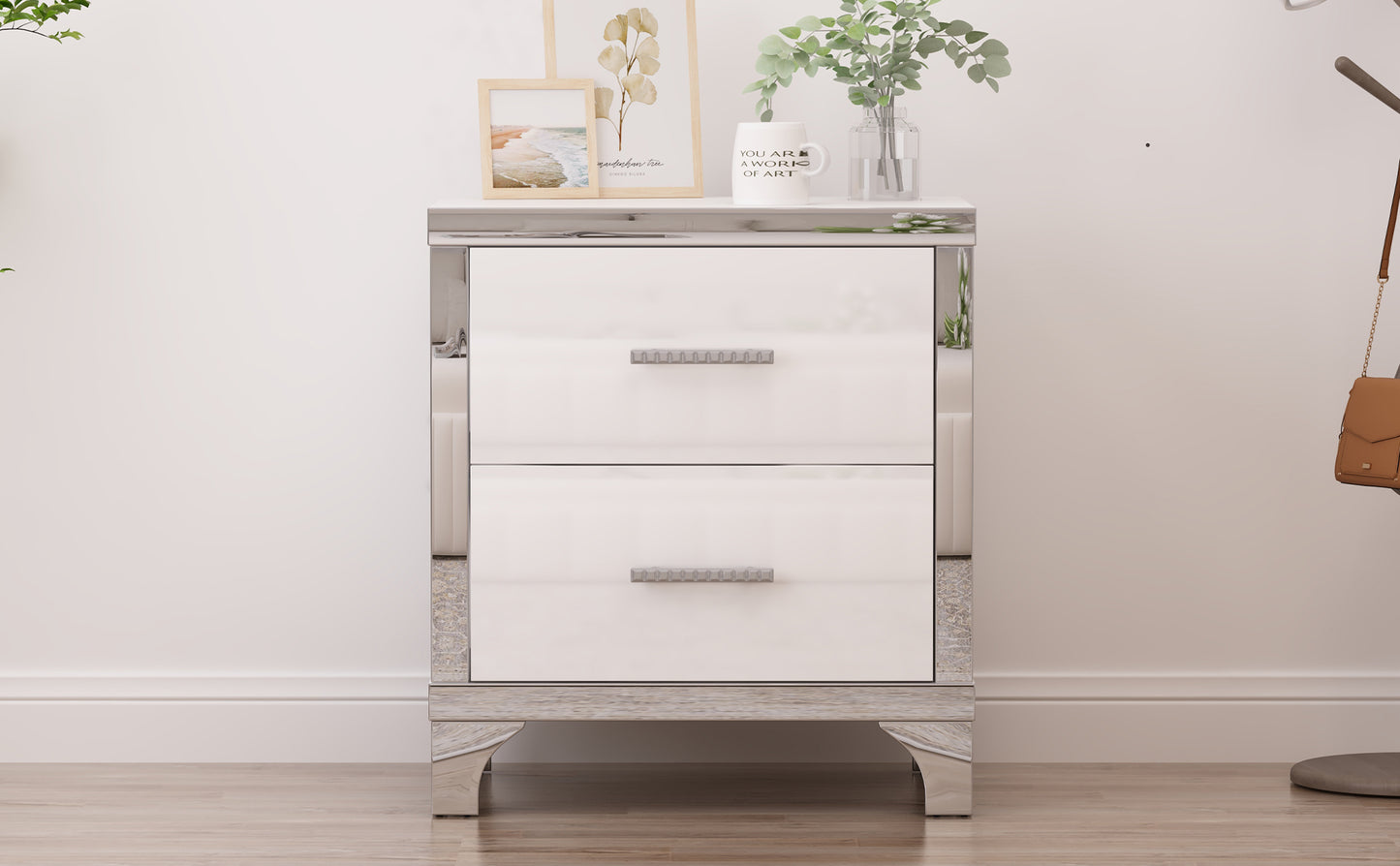 Elegant High Gloss Nightstand with Metal Handle,Mirrored Bedside Table with 2 Drawers for Bedroom,Living Room,White