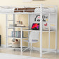 Twin Size Loft Bed with Desk and Whiteboard, Metal Loft Bed with 3 Shelves and Ladder, White - SolidRoot Buy Furniture USA