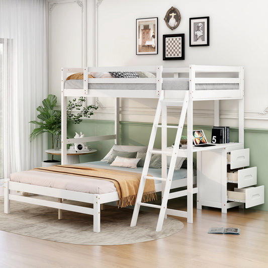 Twin over Full Bunk Bed with Built-in Desk and Three Drawers,White - SolidRoot Buy Furniture USA