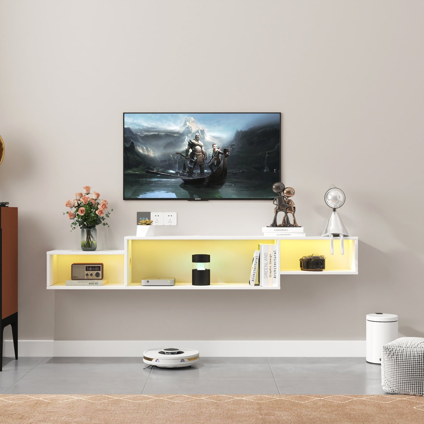 65.35in Wall Mounted Floating  TV Stand with 20 Color LEDs and Charging Station