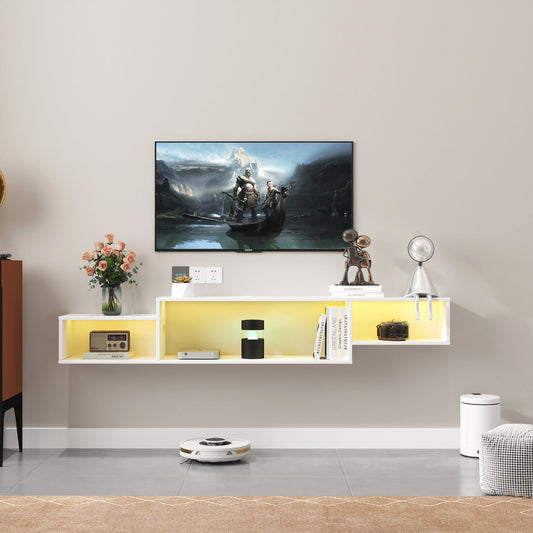 65.35in Wall Mounted Floating  TV Stand with 20 Color LEDs and Charging Station Livingsource
