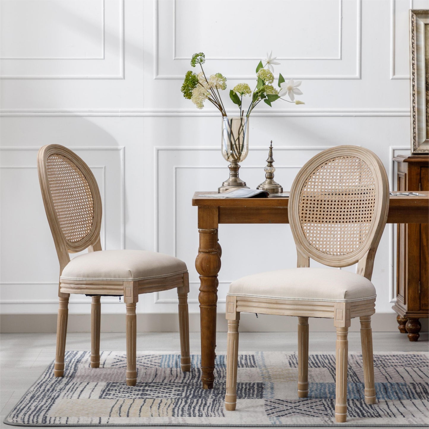 French Style Solid Wood Frame  Linen Fabric Rattan Back Dining Chair,Set of 2,Cream SolidRoot Buy Furniture USA